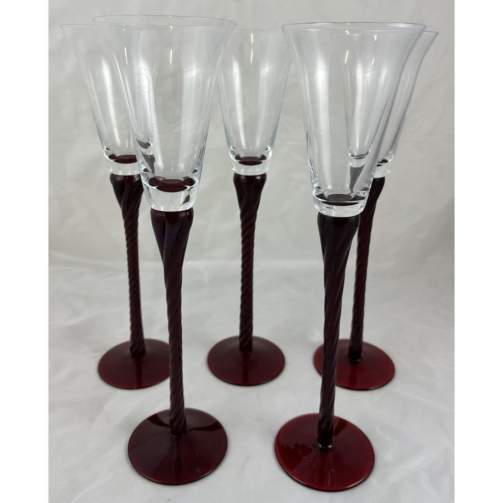 Bombay Wine Glasses Tall Twisted Ruby Red Stem 13" Set Of 5 Vintage